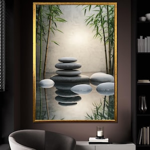 Stacked Zen Stones with Bamboo, Peaceful Water Reflection Canvas, Minimalist Spa Wall Art, Tranquil Decor, Calm Nature Gift