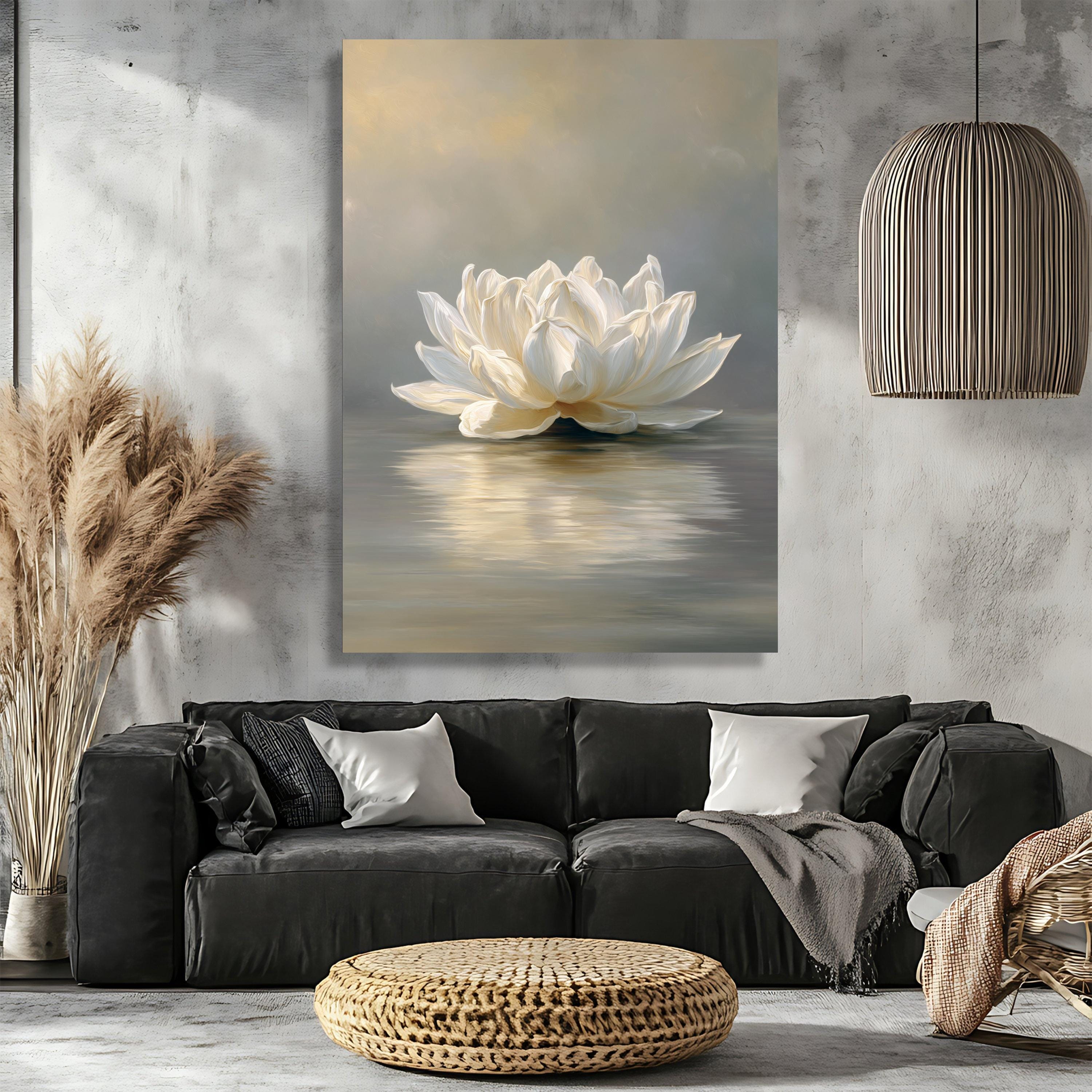 Elegant White Lotus Flower Canvas, Tranquil Water Reflection Wall Art ...