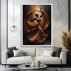 Elegant African Woman Dancing Canvas, Flowing Dress Wall Art, Ethnic Fashion Portrait, Modern Home Decor Canvas, Graceful Movement Painting image 5