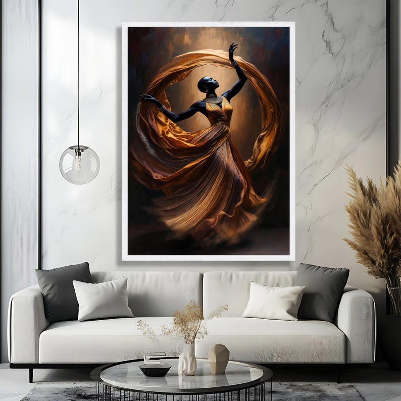 Elegant African Woman Dancing Canvas, Flowing Dress Wall Art, Ethnic Fashion Portrait, Modern Home Decor Canvas, Graceful Movement Painting image 5