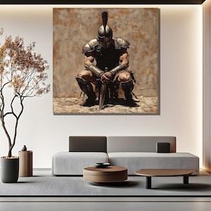 May include: A painting of a warrior in armor kneeling with a sword in his hands. The warrior is wearing a helmet with a plume and a brown leather tunic. The background is a muted brown color.