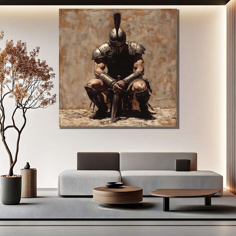 May include: A painting of a warrior in armor kneeling with a sword in his hands. The warrior is wearing a helmet with a plume and a brown leather tunic. The background is a muted brown color.