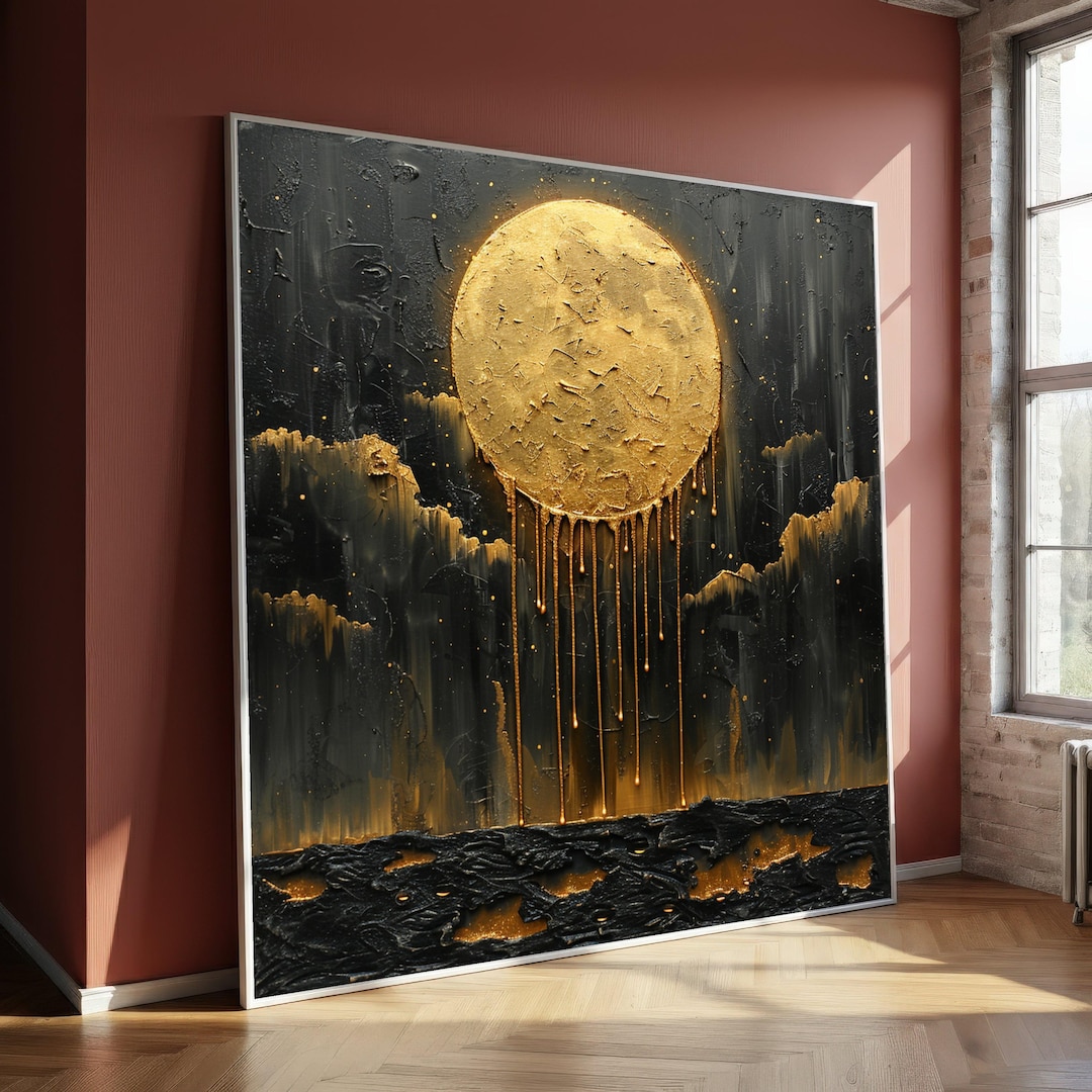 Golden Moon Canvas Painting, Abstract Night Sky Wall Art, Modern Black ...