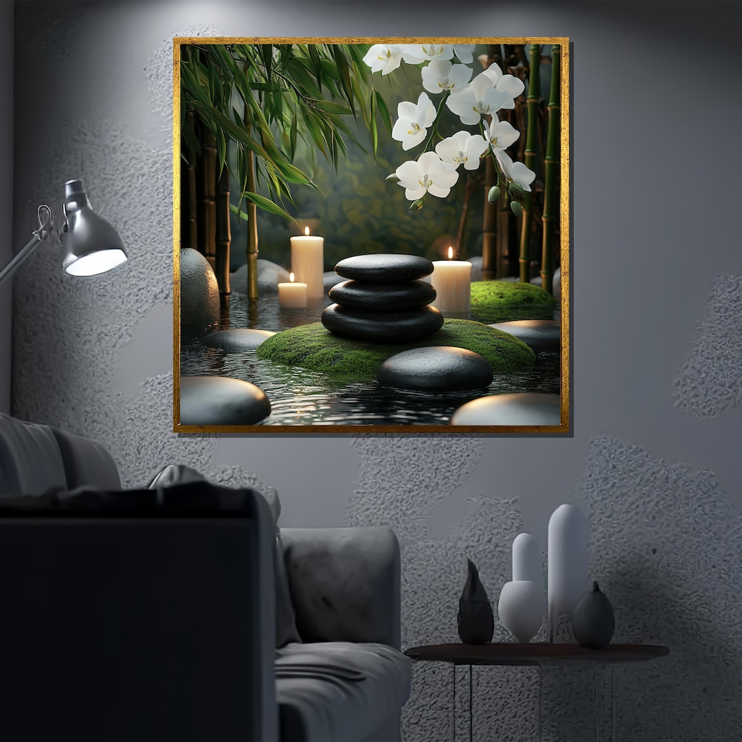 Zen Spa Canvas Painting, Orchid and Candle Wall Art, Tranquil