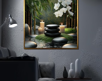 Zen Spa Canvas Painting, Orchid And Candle Wall Art, Tranquil Bamboo Scene With Moss Stones And Water Reflections, Calming Art Gift