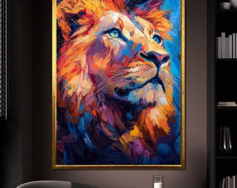 Dipinto su tela raffigurante un leone, un'opera d'arte murale colorata con occhi azzurri, ritratto di un re animale per il soggiorno, un quadro su tela raffigurante un leone, un regalo perfetto.
