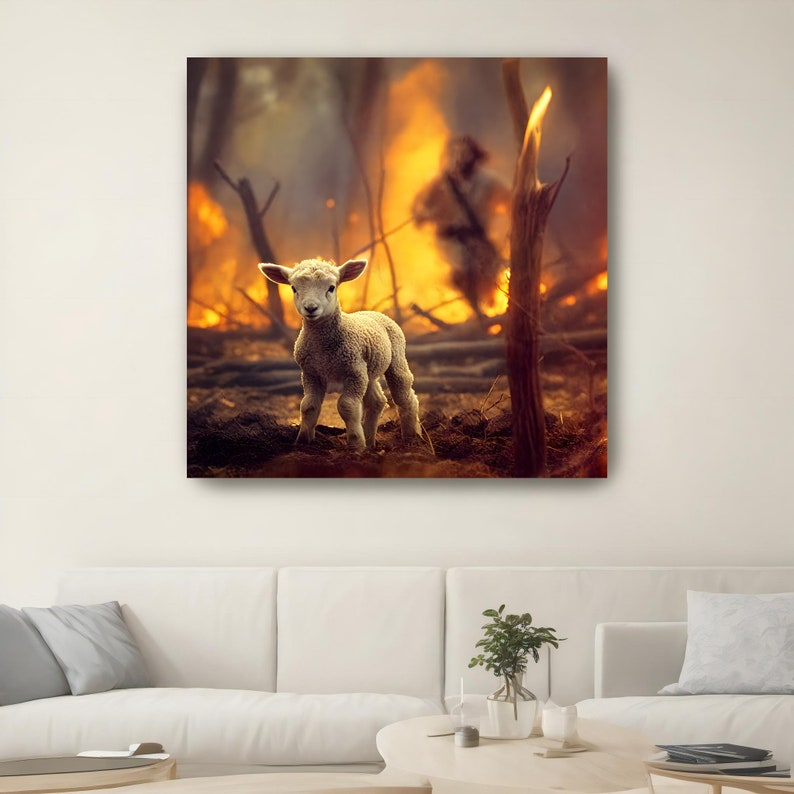 May include: A small, white lamb stands in a forest clearing, looking directly at the camera. The background is a blur of orange and yellow flames, suggesting a recent wildfire.