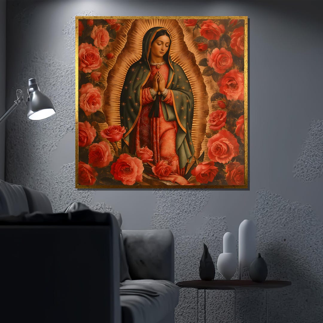 Our Lady of Guadalupe Canvas Painting, Catholic Wall Art With Roses ...