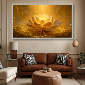 Radiant Golden Lotus Flower Canvas, Spiritual Zen Wall Art, Meditation Room Artwork, Lotus Art Print, Peaceful Home Decor, Spiritual Gift image 3
