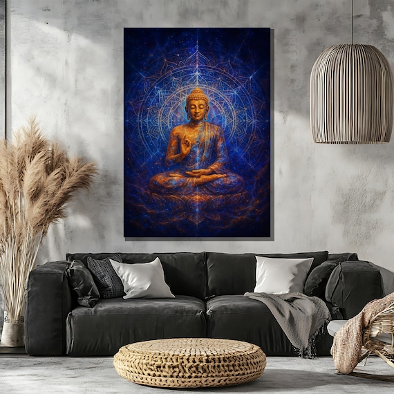 Buddha Canvas Painting, Golden Figure With Cosmic Blue Mandala