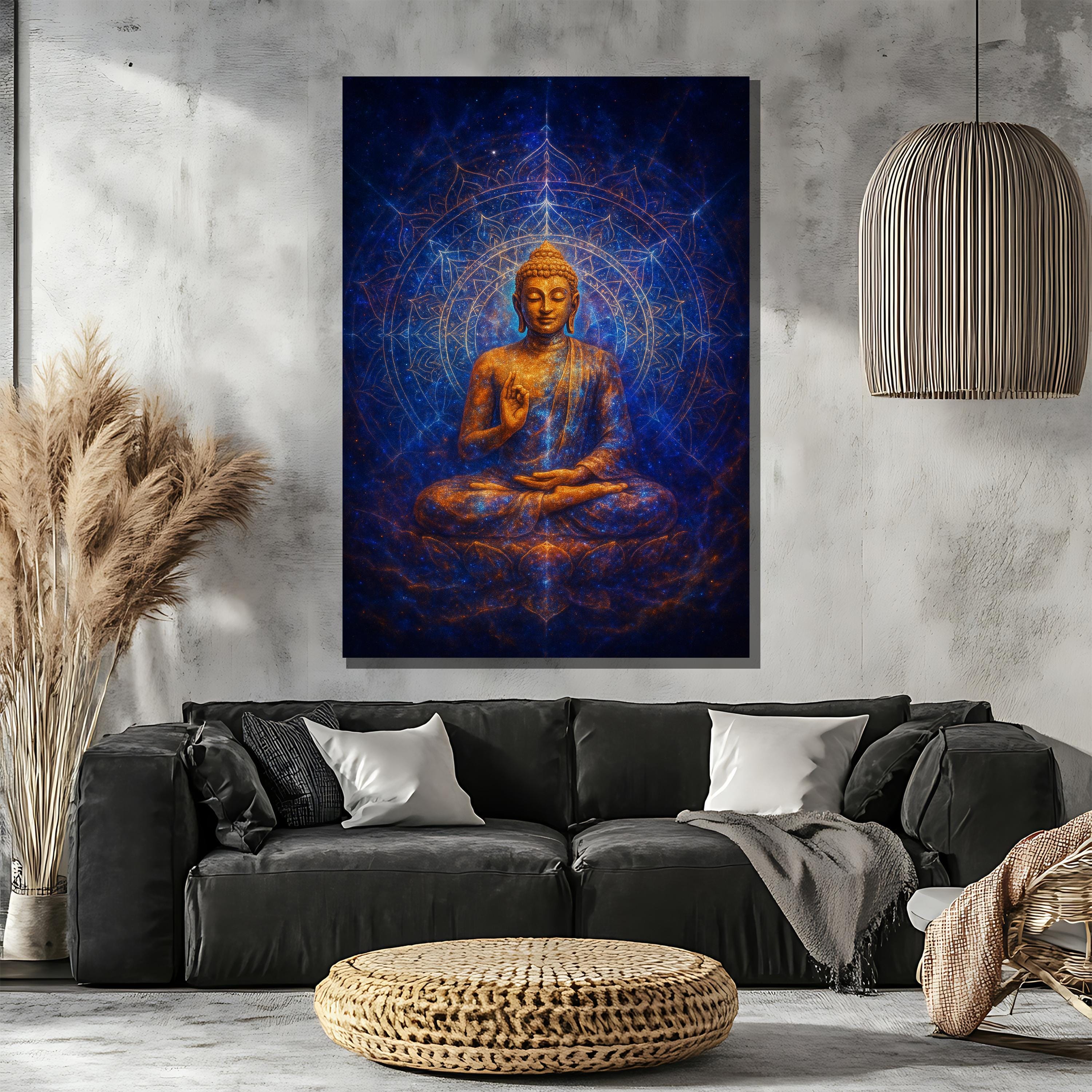 Buddha Canvas Painting, Golden Figure With Cosmic Blue Mandala