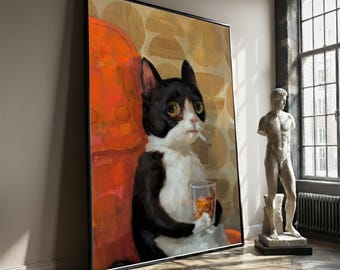 Impression sur toile chat original avec whisky et cigarette, art mural animal humoristique, décoration d'intérieur rétro, portrait de chat, cadeau parfait