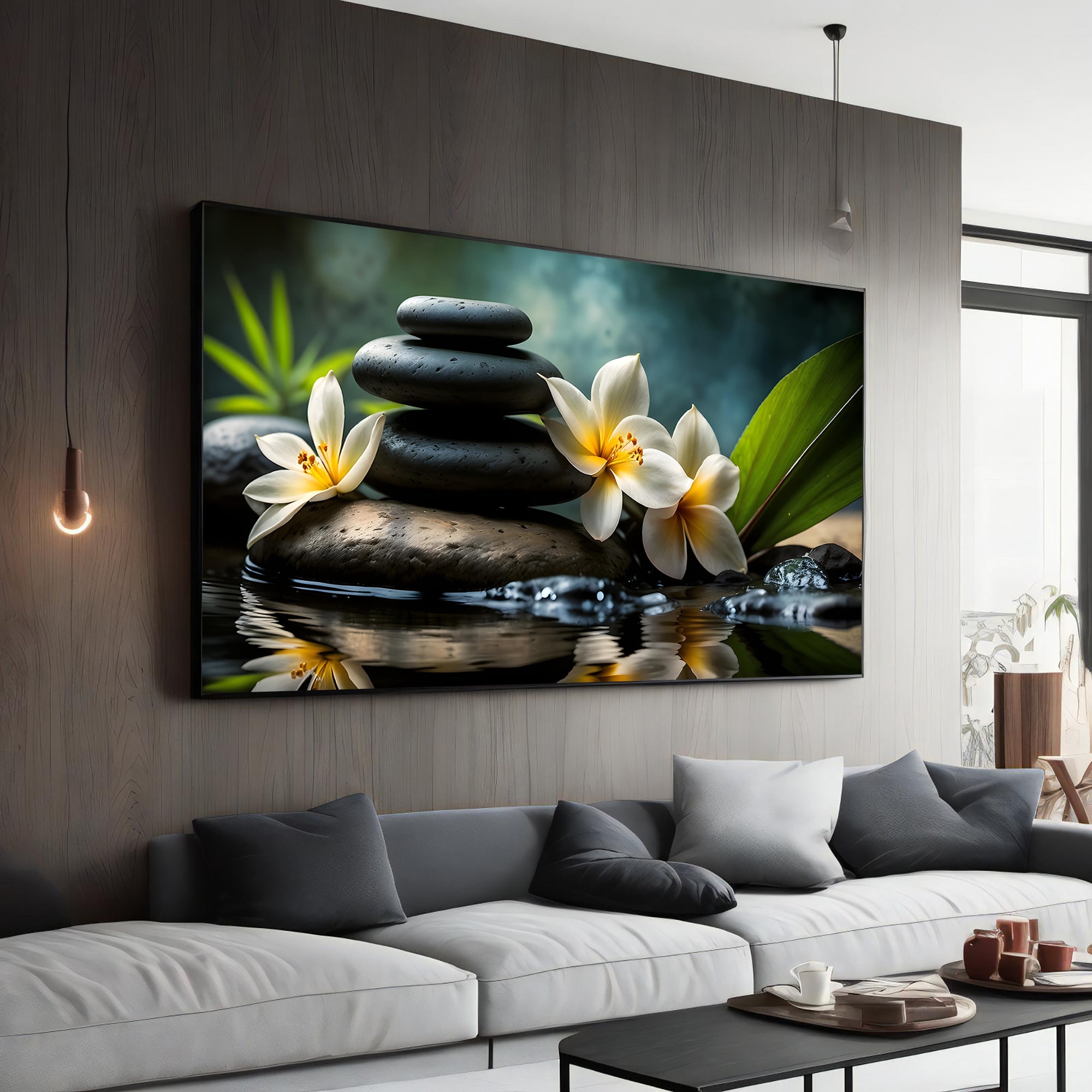 Wall Decor Zen Stone Balance Canvas Painting, Spa Relaxation Art, Zen Garden Flower Canvas, Tranquil Water Reflection Ready to Hang Gift