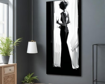 Silhouette Woman Drinking Wine Canvas Painting - Chic Black Dress Wall Decor - Perfect Wine Lover Gift