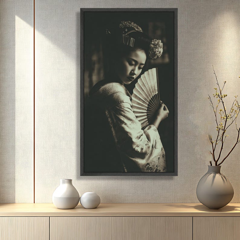 Elegant Japanese Geisha Portrait Canvas, Vintage Style Kimono Wall Art ...