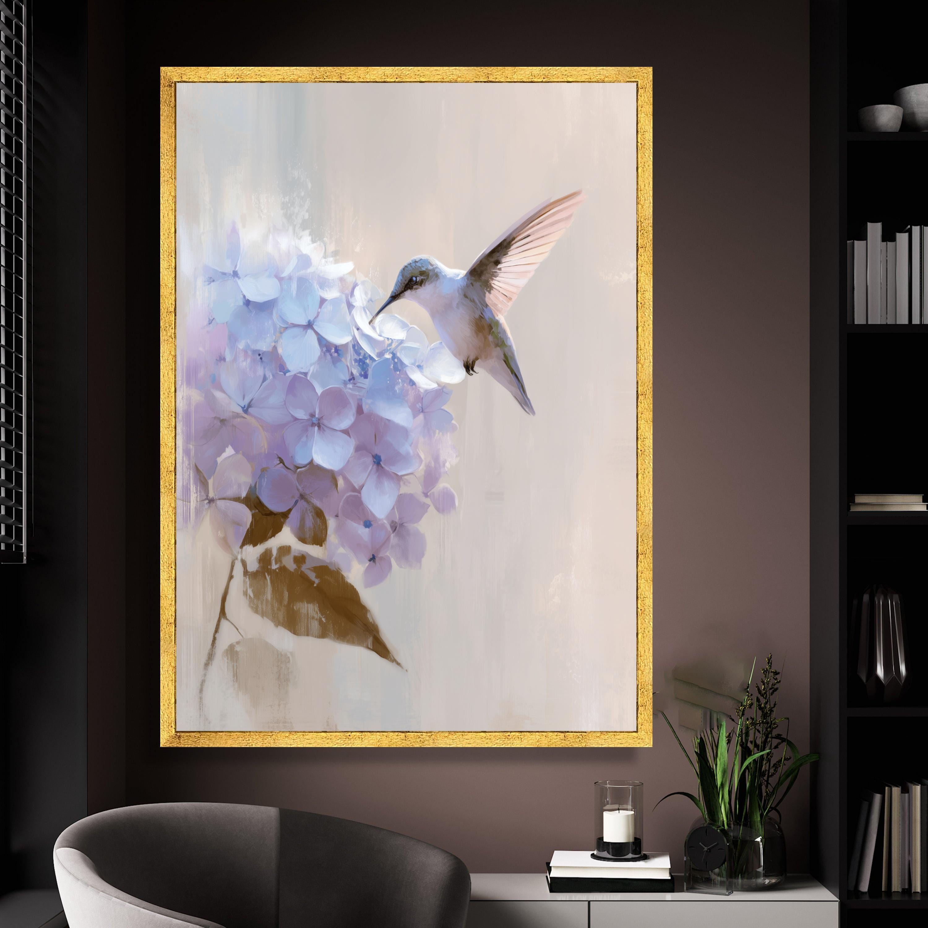 Delicate Hummingbird and Blue Hydrangea Canvas, Floral Bird Wall Art ...
