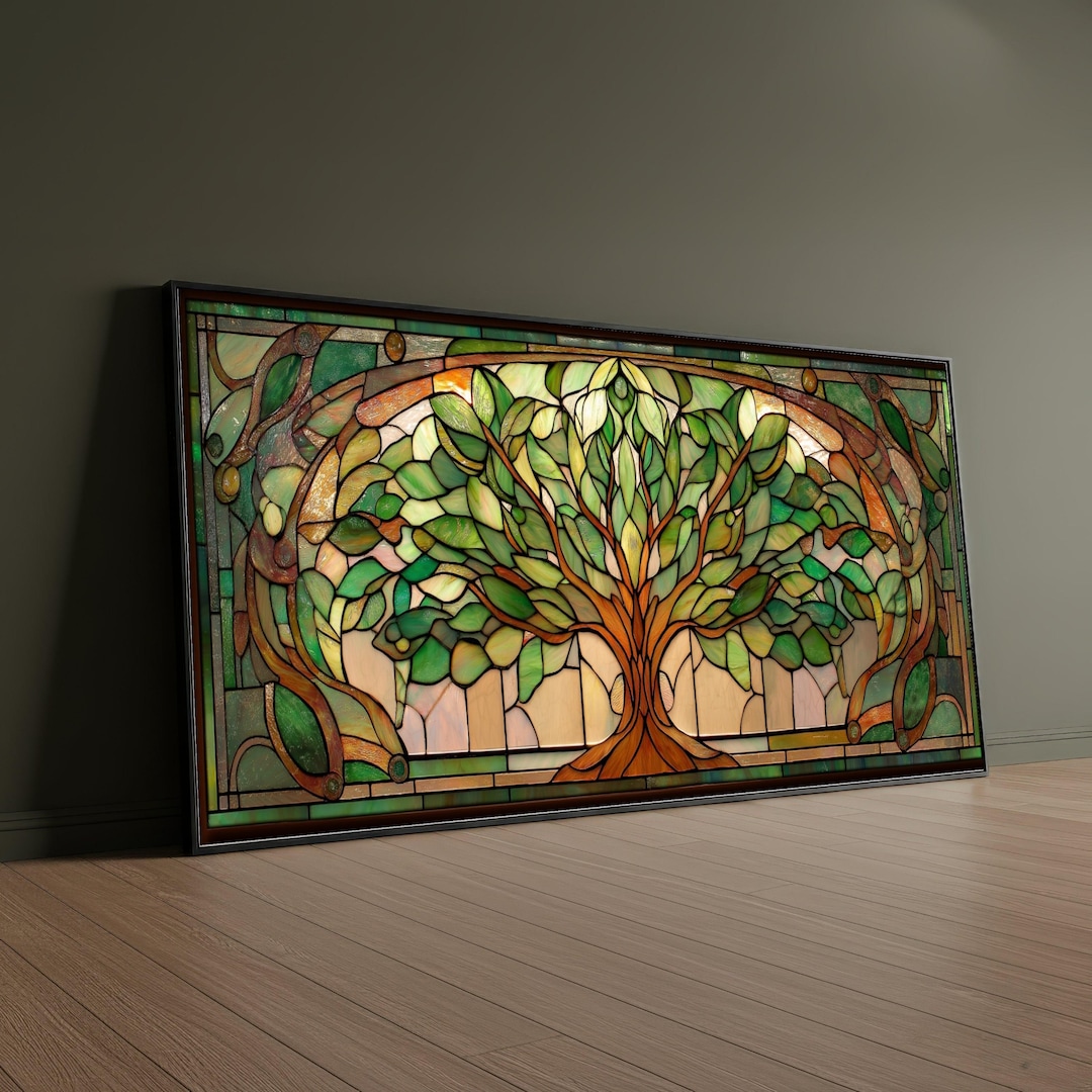 Stained Glass Tree Wall Art, Green Leaf Canvas, Nature Home Decor ...