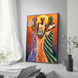 Stampa su tela colorata di donne africane, vivace decorazione culturale da parete, opere d'arte etniche, eleganti donne africane con fiori, vaso, bambino, decorazioni per la casa