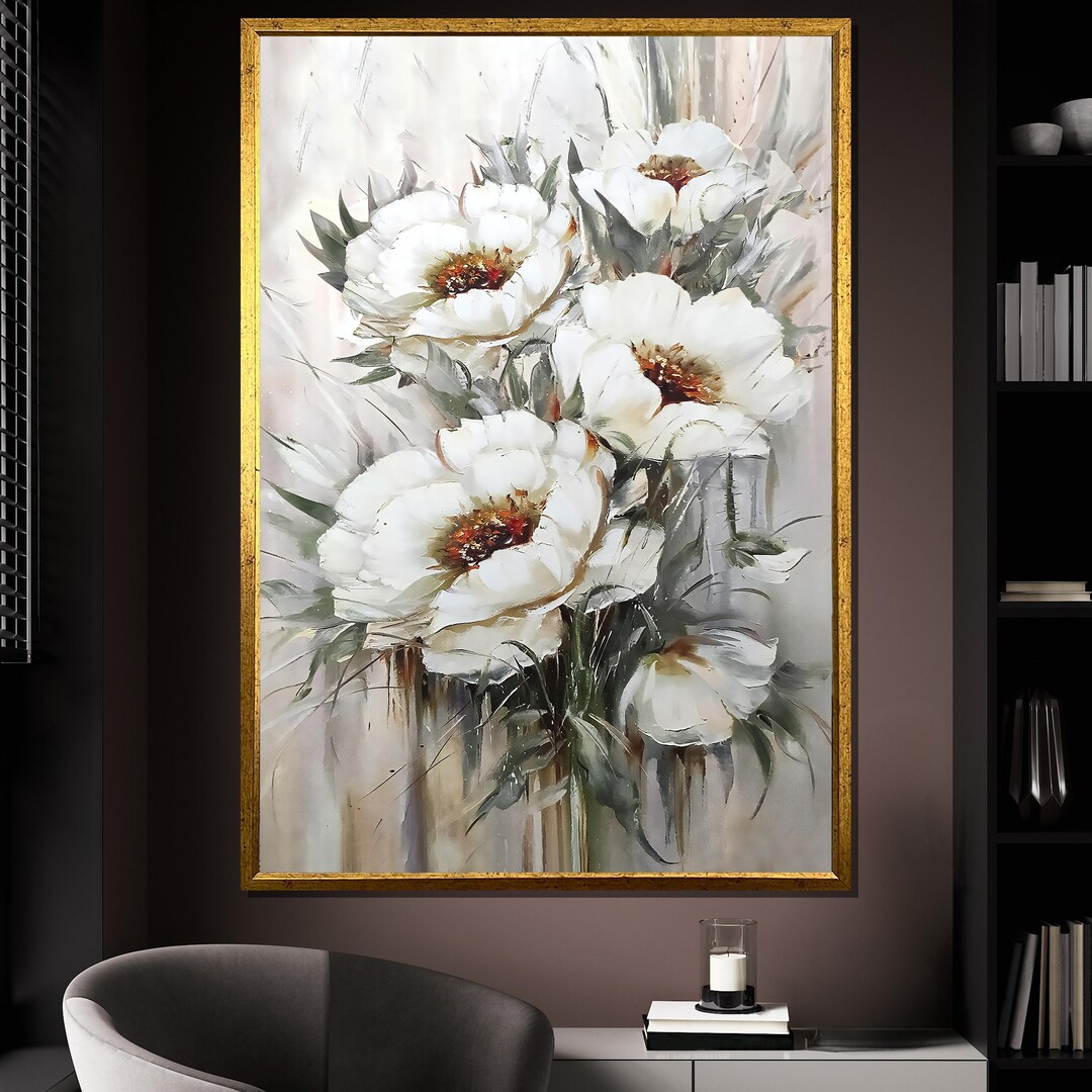 White Flower Canvas Painting, Elegant Botanical Wall Art, Modern Floral ...