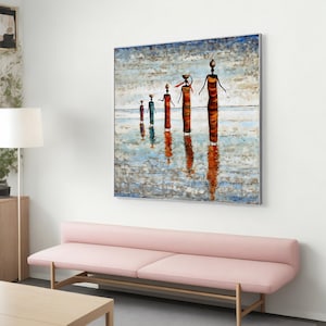 Dipinto su tela tradizionale donna africana, scena rurale di donne africane, stampa vivace passeggiata costiera, decorazione etnica per la casa pronta da appendere