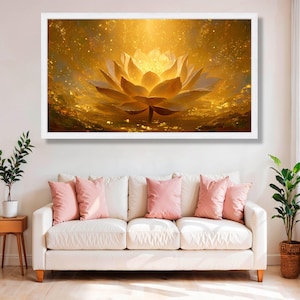 Radiant Golden Lotus Flower Canvas, Spiritual Zen Wall Art, Meditation Room Artwork, Lotus Art Print, Peaceful Home Decor, Spiritual Gift image 5