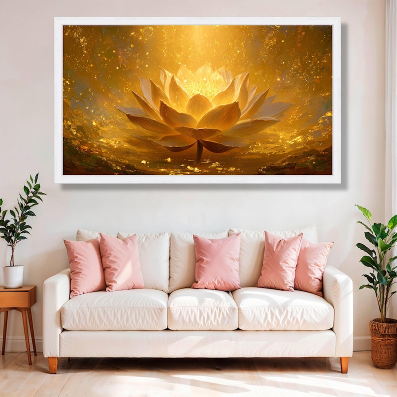 Radiant Golden Lotus Flower Canvas, Spiritual Zen Wall Art, Meditation Room Artwork, Lotus Art Print, Peaceful Home Decor, Spiritual Gift image 5