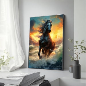 Horse Running on the Beach Painting - Majestic Animal Canvas Print for Home Decor, Perfect Gift for Beach House