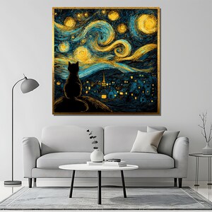 May include: A framed canvas print depicts a black cat silhouetted against a swirling night sky in the style of Van Gogh. The artwork features a village scene with illuminated windows under a starry sky, with shades of blue, yellow, and gold.