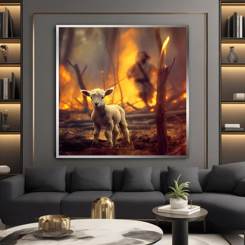 May include: A small, white lamb stands in a field of burnt grass and trees. The lamb is looking directly at the camera. The background is a hazy orange and yellow, suggesting a recent fire.