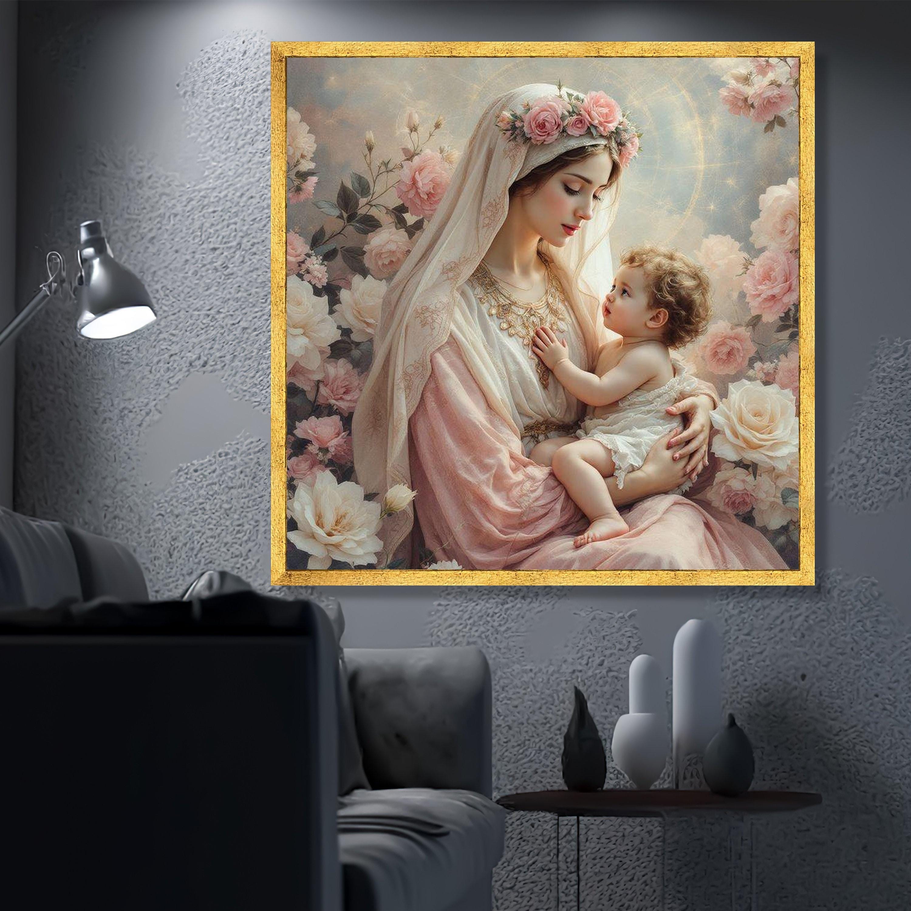 Virgin Mary and Baby Jesus Canvas Painting, Floral Holy Mother Wall Art ...