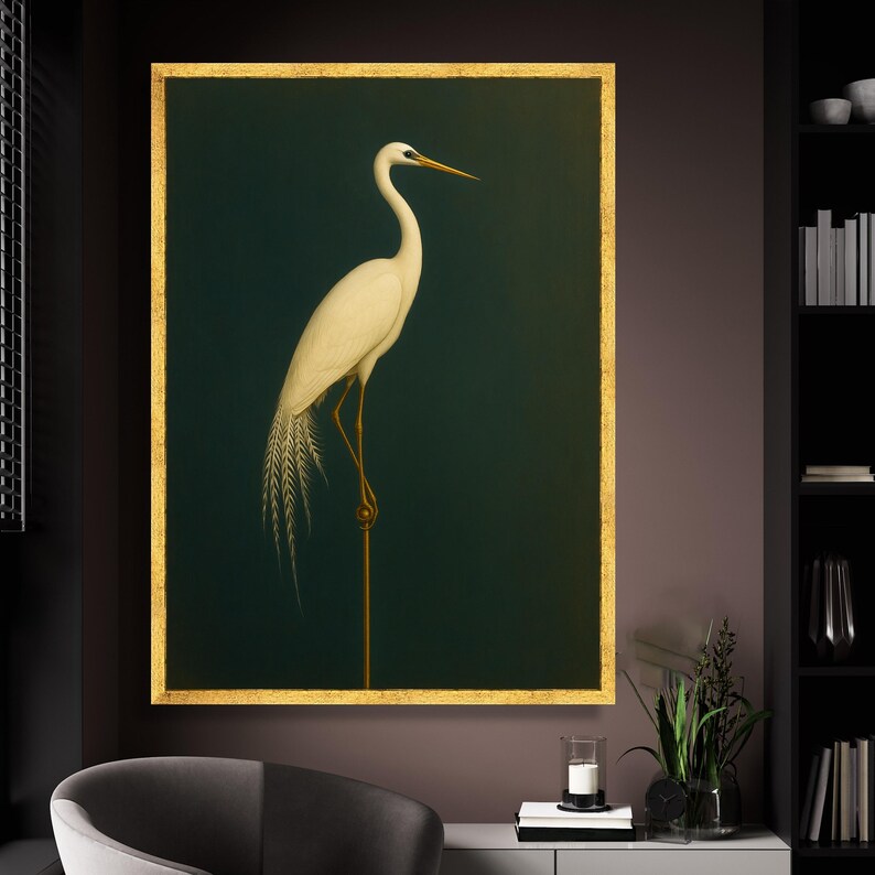 Elegant White Egret Canvas Wall Art, Minimalist Bird Illustration ...