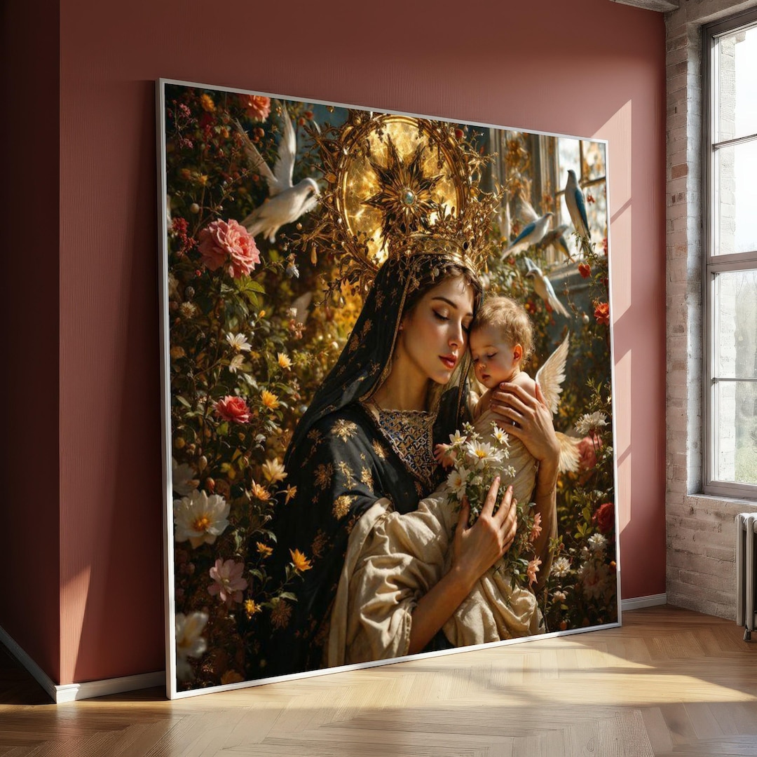 Virgin Mary and Child Canvas Painting, Religious Wall Art With Flowers ...