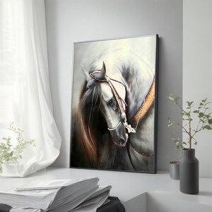 White Saddled Horse Canvas Painting - Elegant Equestrian Wall Art for Home Decor - Perfect Gift for Horse Lovers