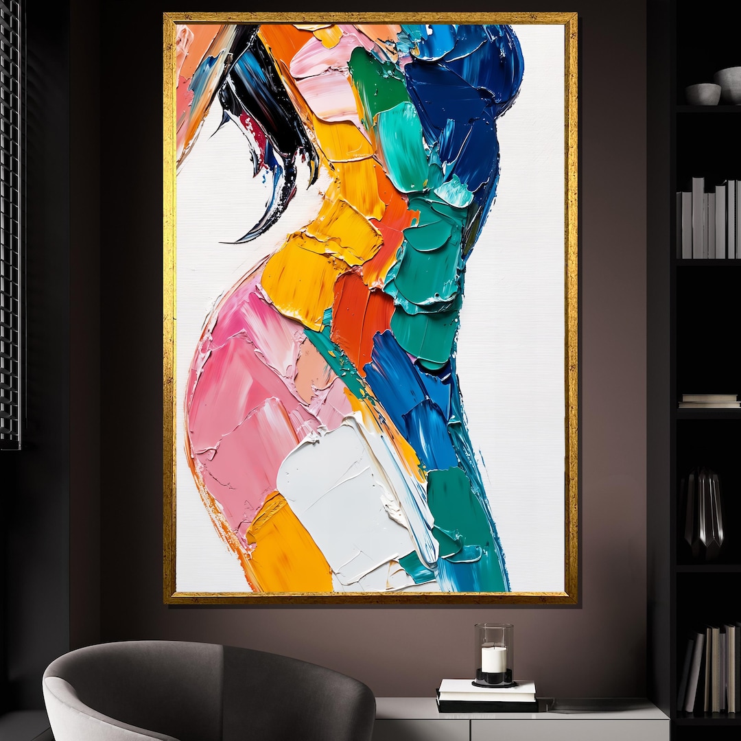 Colorful Abstract Woman Canvas Painting, Modern Textured Wall Art ...