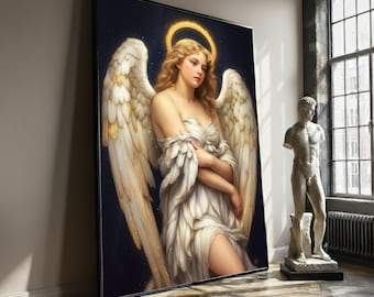 Angelic Woman Portrait Canvas, Golden Halo Wall Art, Feather Wings Decoration, Spiritual Art Print, Ethereal Home Decor, Perfect Gift