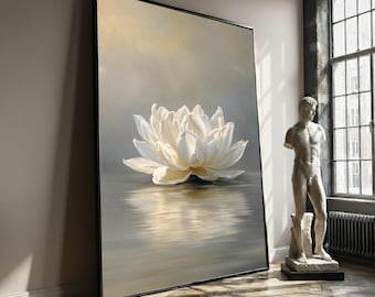 Elegant White Lotus Flower Canvas, Tranquil Water Reflection Wall Art, Serene Floral Decoration, Soft Nature Canvas Print, Spa Room Artwork