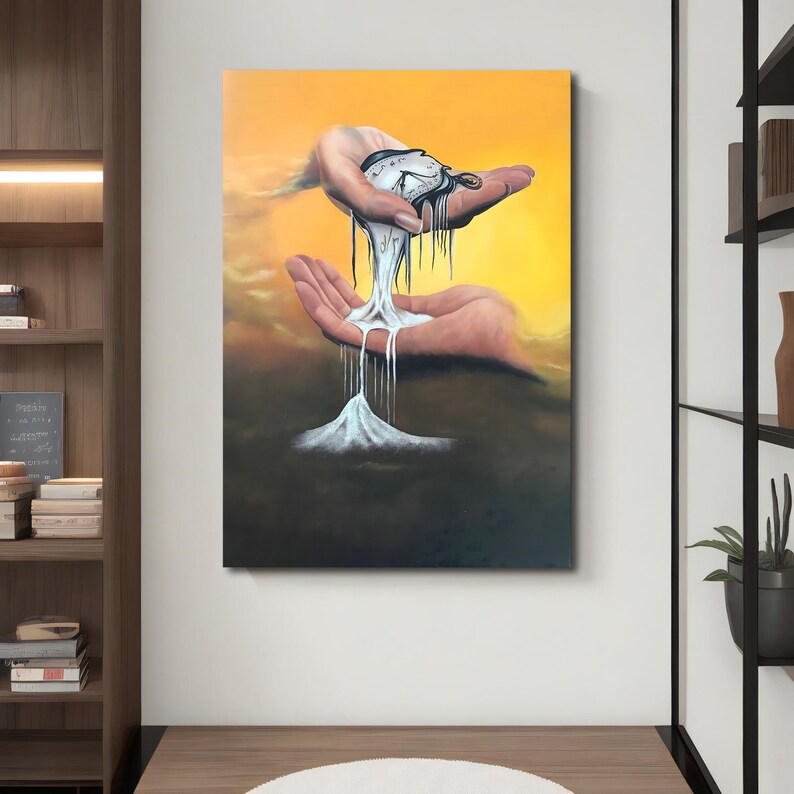 May include: A surreal painting of a hand holding a melting pocket watch, with the melted time dripping down into a pile of sand. The background is a yellow and orange sky with clouds.