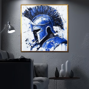 Spartan Warrior Canvas Painting, Blue Gladiator Wall Art, Ancient Soldier Decor, Bold Historical Artwork, Masculine Home Decor, Unique Gift