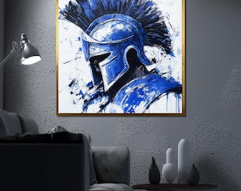 Spartan Warrior Canvas Painting, Blue Gladiator Wall Art, Ancient Soldier Decor, Bold Historical Artwork, Masculine Home Decor, Unique Gift