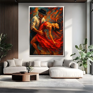 May include: A painting of a couple dancing. The man is wearing a black hat and a white shirt. The woman is wearing a red dress. The background is a colorful abstract design.