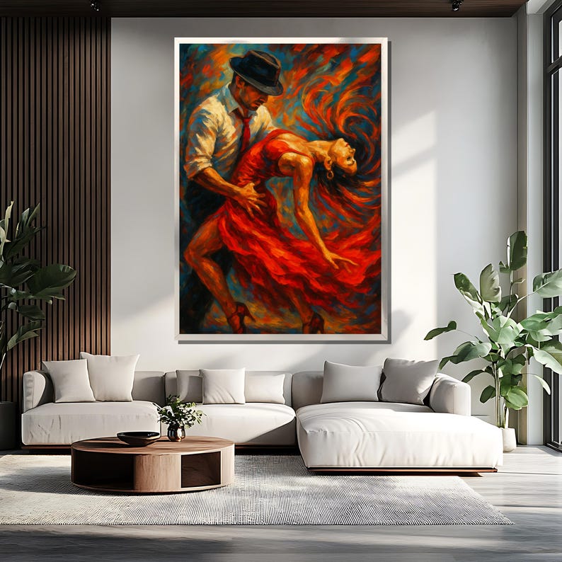 May include: A painting of a couple dancing. The man is wearing a black hat and a white shirt. The woman is wearing a red dress. The background is a colorful abstract design.