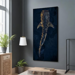 May include: A digital art print of a whale shark with gold and blue patterns on a dark blue background.