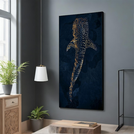 Whale Shark Canvas Print, Abstract Ocean Art, Golden Wave Patterns Wall Decor, Underwater Marine Life, Ready to Hang Gift