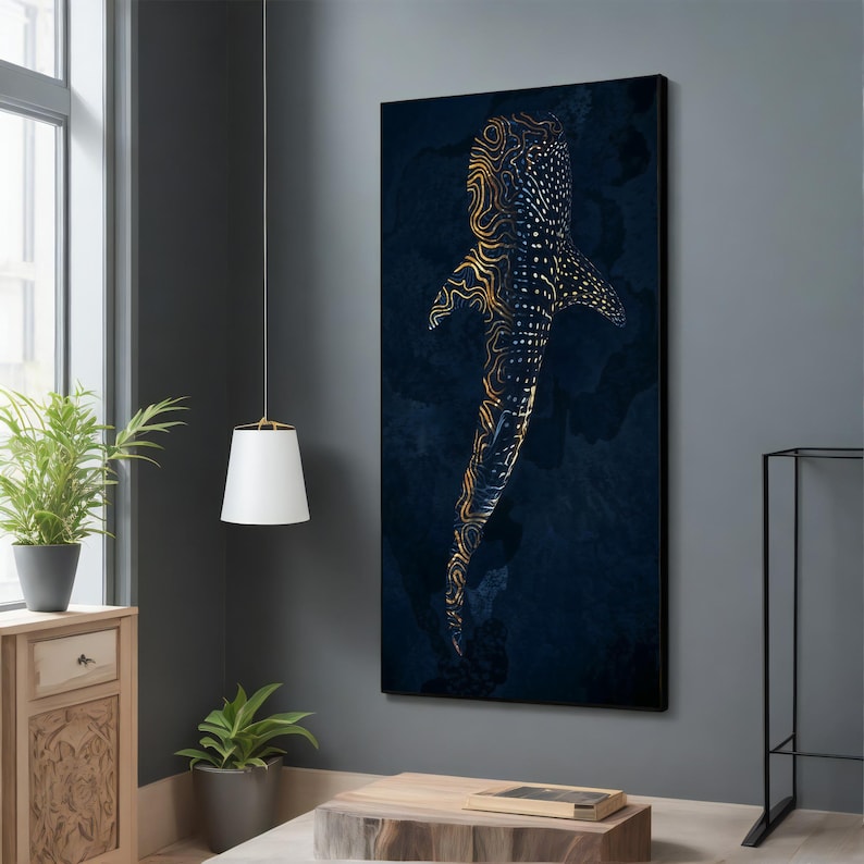 May include: A digital art print of a whale shark with gold and blue patterns on a dark blue background.