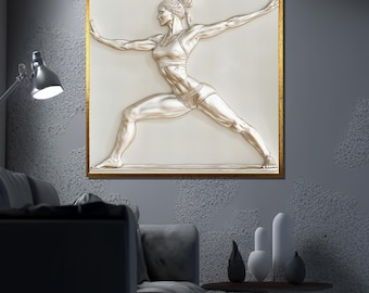 Yoga Warrior Pose Canvas Painting, Strong Female Art, Fitness Wall Decor, Mindfulness Home Gift, Sculpted Body Artwork, Yoga Canvas