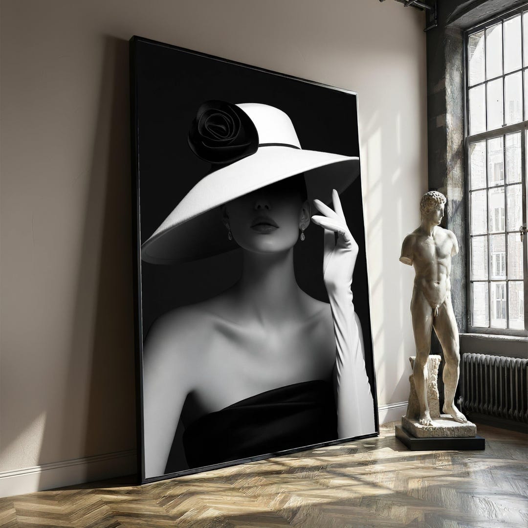 Elegant Black and White Fashion Portrait Canvas, Woman With Wide Brim ...