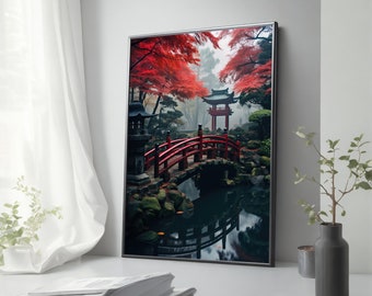 Japanese Nature Wall Art, Natural Canvas Decor, Red Bridge Canvas Painting, Stunning Nature Decor, Japanese Artwork Gift