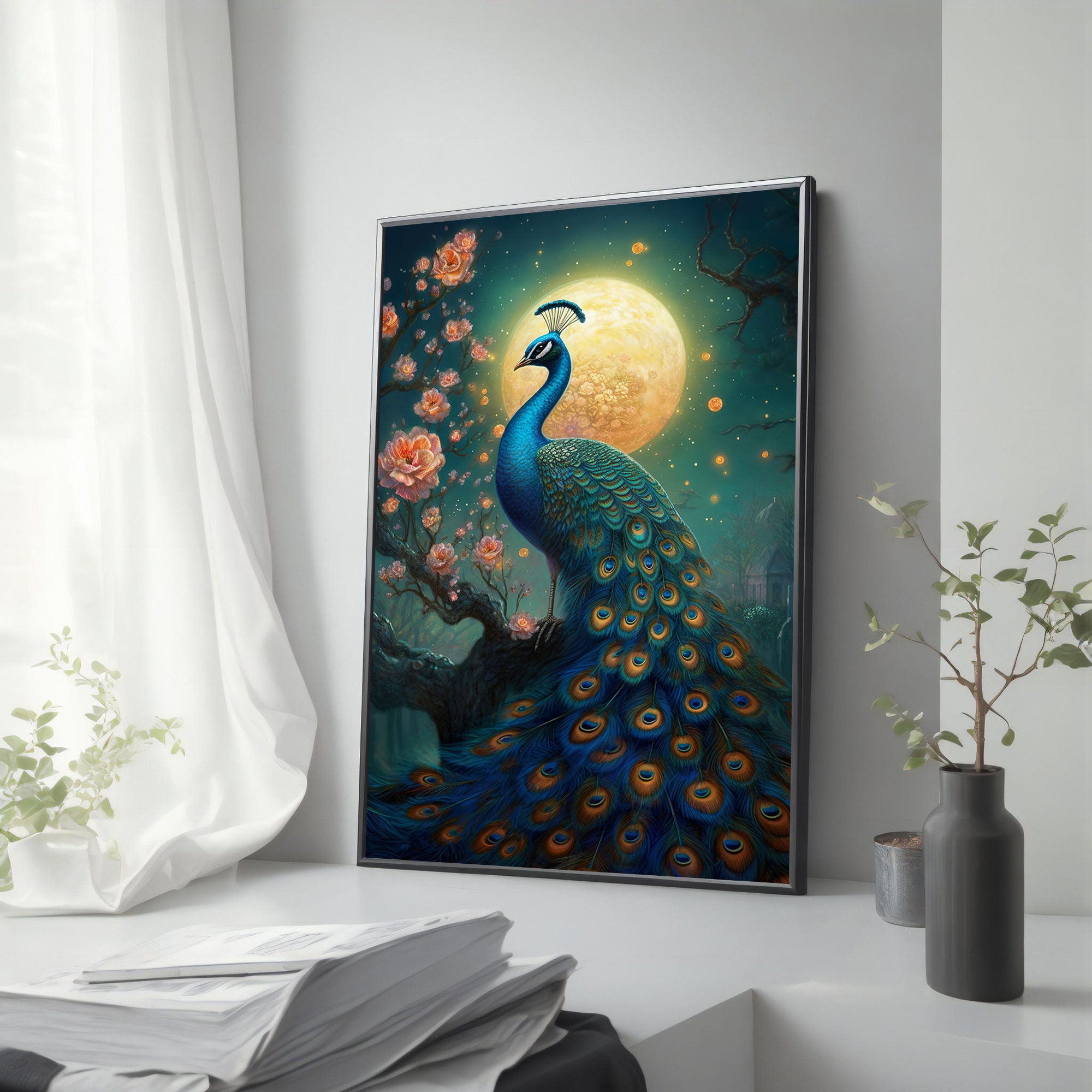 Peacock Wall Art - Turquoise Canvas Painting, Elegant Home Decor