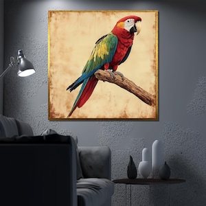 Vintage Macaw Parrot Canvas Painting, Colorful Bird Wall Art, Tropical Home Decor, Exotic Animal Print, Large Rustic Artwork Gift