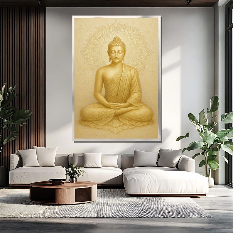 May include: A golden Buddha statue sitting in a meditative pose with hands in lap. The statue is surrounded by a mandala pattern and a light yellow background.